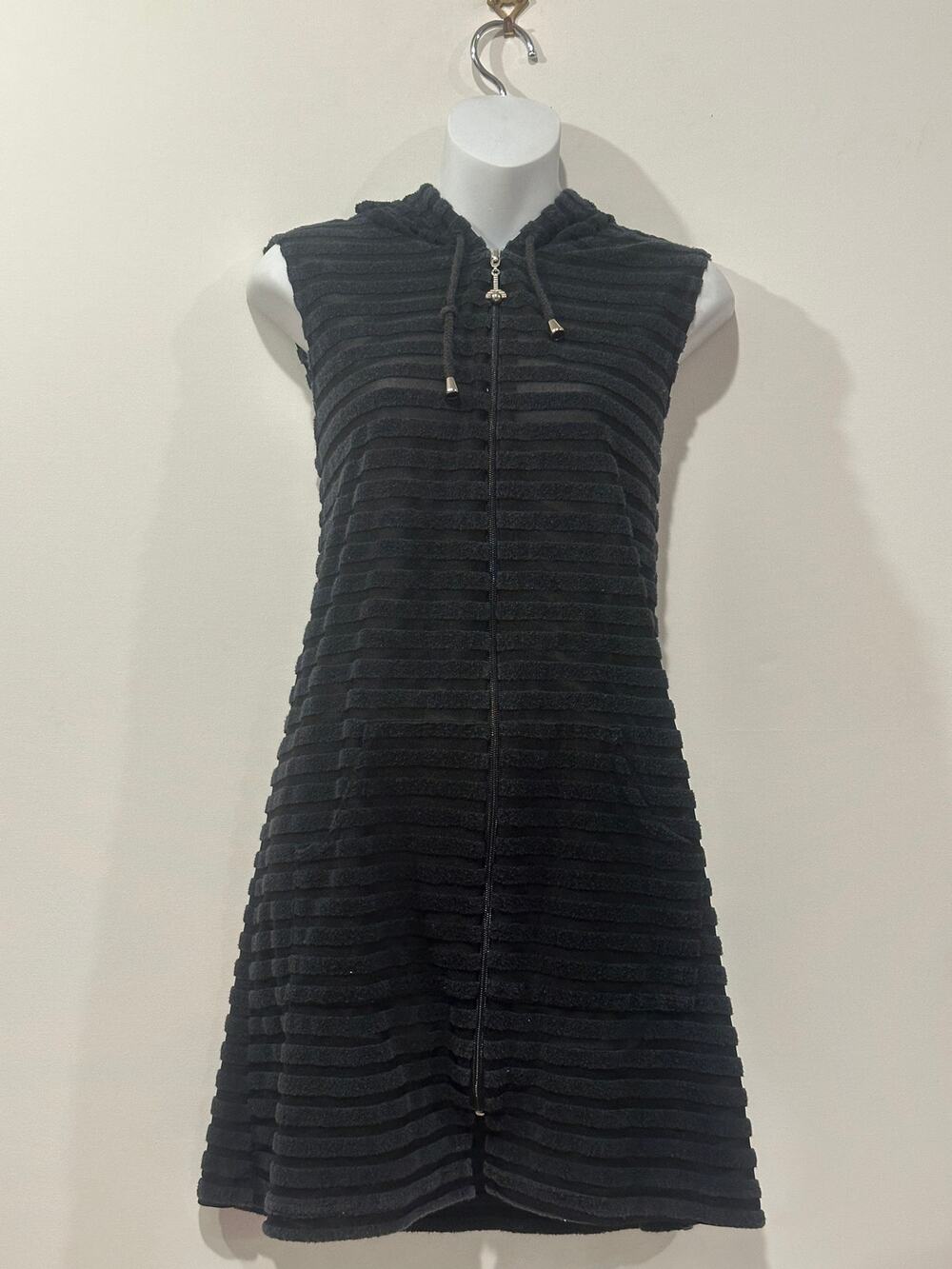 Vintage Dotti Y2K Black Sheer Striped Terry Cloth Zip Hooded Coverup Dress M